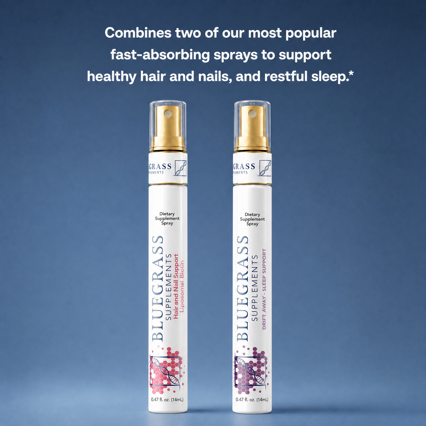 Two Bluegrass Supplements sprays on a blue background with text about hair, nails, and sleep support.