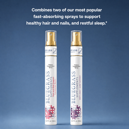 Two Bluegrass Supplements sprays on a blue background with text about hair, nails, and sleep support.