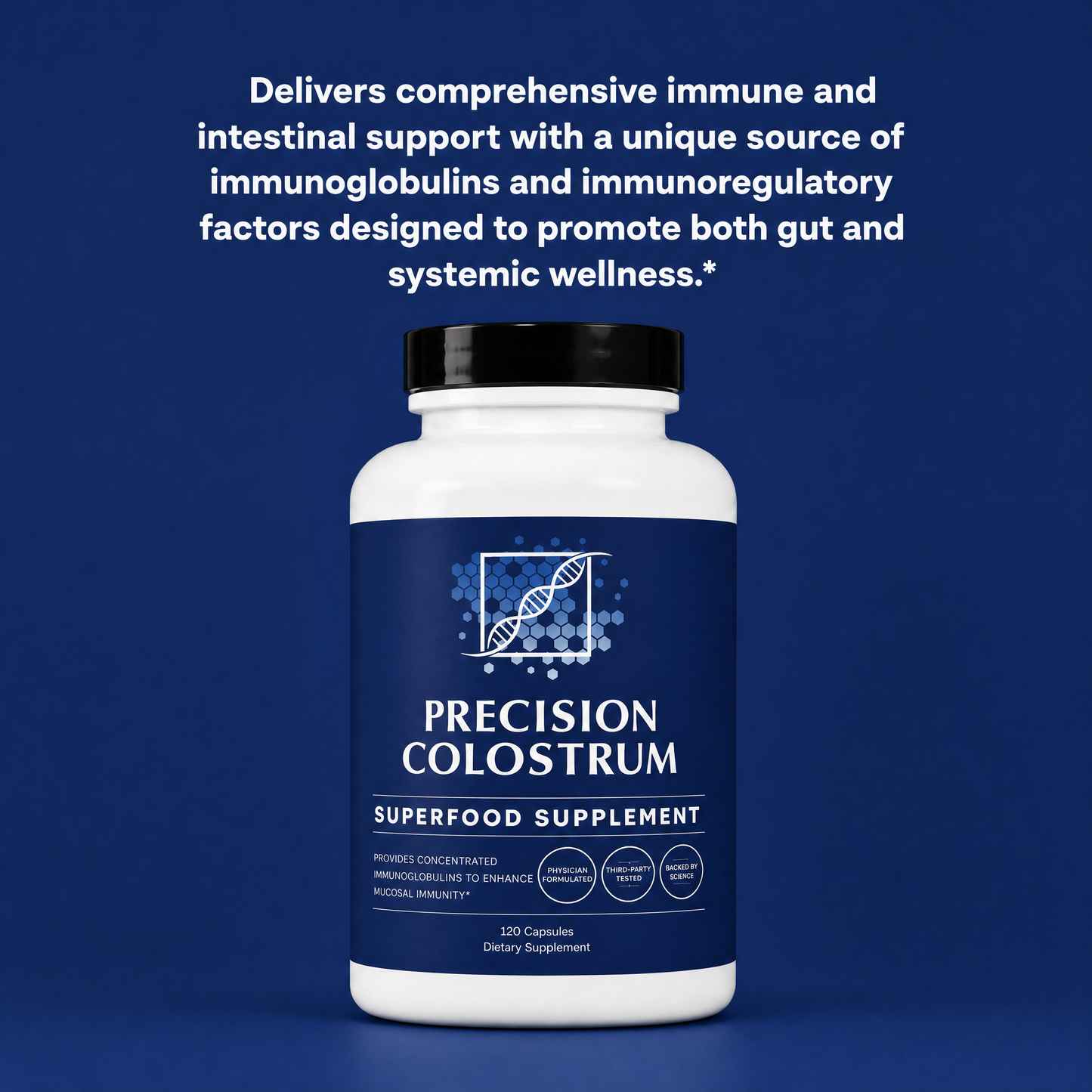 Precision Colostrum supplement bottle with descriptive text on a blue background