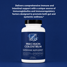 Precision Colostrum supplement bottle with descriptive text on a blue background