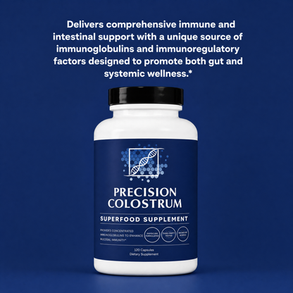 Precision Colostrum supplement bottle with descriptive text on a blue background