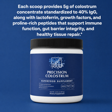 Precision Colostrum supplement container with text on a blue background