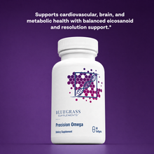Supplement bottle labeled 'Precision Omega' by Bluegrass Supplements on a purple background