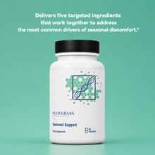 Supplement bottle labeled 'Bluegrass Seasonal Support' on a teal background with text about targeted ingredients.