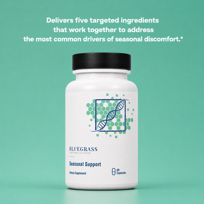 Supplement bottle labeled 'Bluegrass Seasonal Support' on a teal background with text about targeted ingredients.