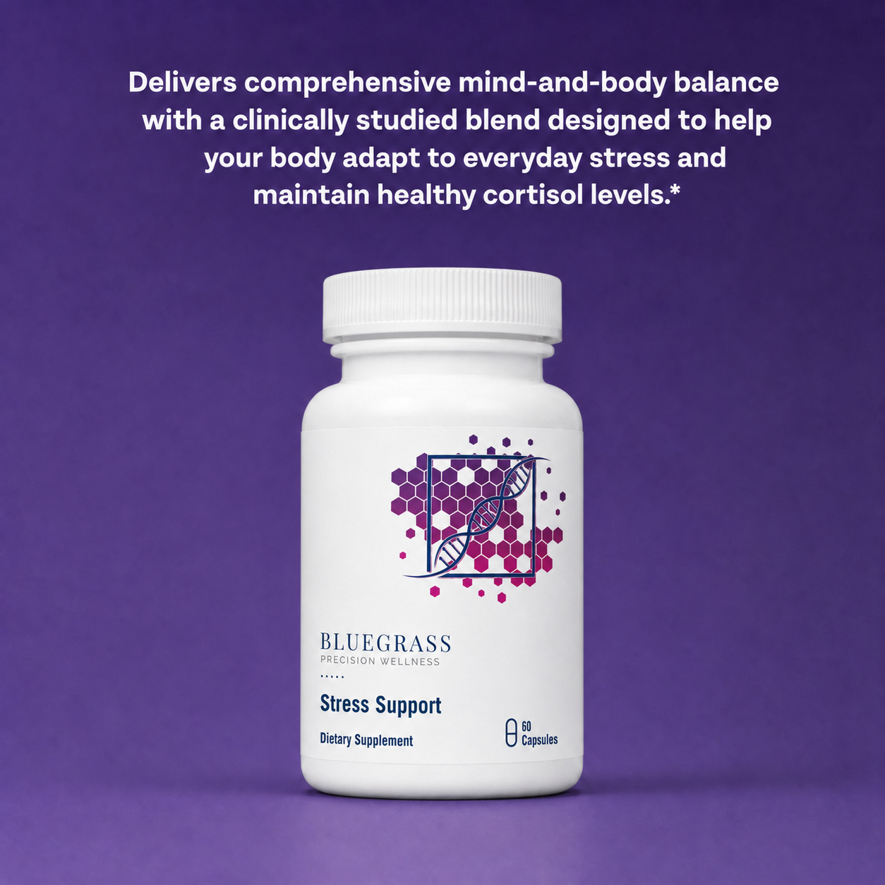 Supplement bottle labeled 'Bluegrass Stress Support Support' on a purple background with text about targeted ingredients.