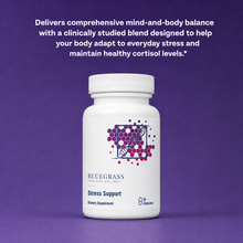 Supplement bottle labeled 'Bluegrass Stress Support Support' on a purple background with text about targeted ingredients.