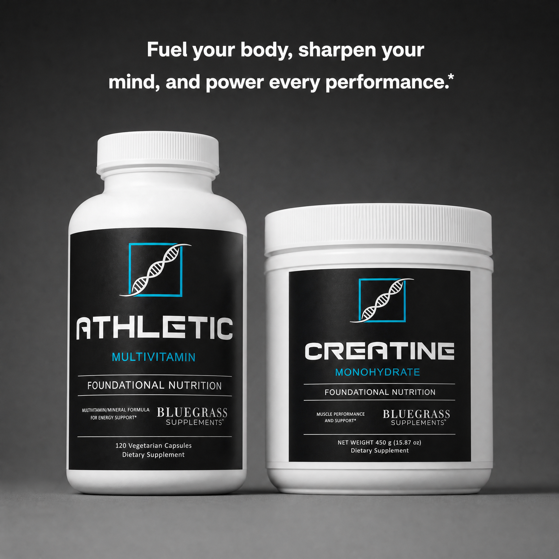 Two supplement containers labeled 'Athletic Multivitamin' and 'Creatine Monohydrate' on a dark background with promotional text.