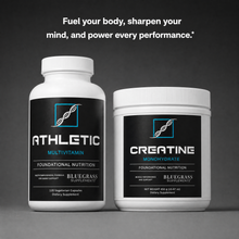 Two supplement containers labeled 'Athletic Multivitamin' and 'Creatine Monohydrate' on a dark background with promotional text.