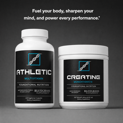 Two supplement containers labeled 'Athletic Multivitamin' and 'Creatine Monohydrate' on a dark background with promotional text.