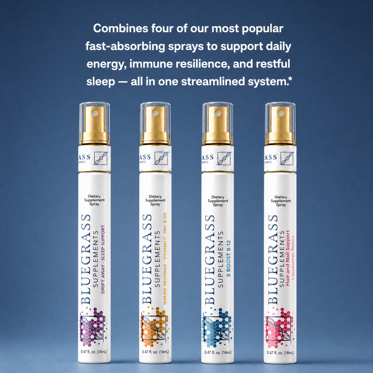 Four Bluegrass Supplements sprays on a blue background with text about energy, immune resilience, and restful sleep.