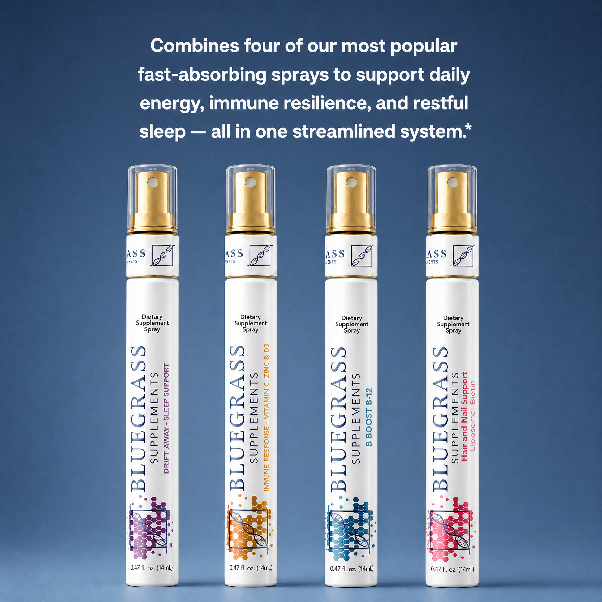 Four Bluegrass Supplements sprays on a blue background with text about energy, immune resilience, and restful sleep.