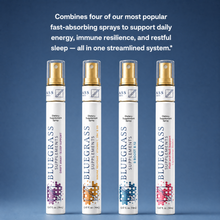 Four Bluegrass Supplements sprays on a blue background with text about energy, immune resilience, and restful sleep.