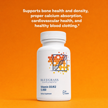Supplement bottle labeled 'Bluegrass Supplements' on an orange background with text about health benefits.