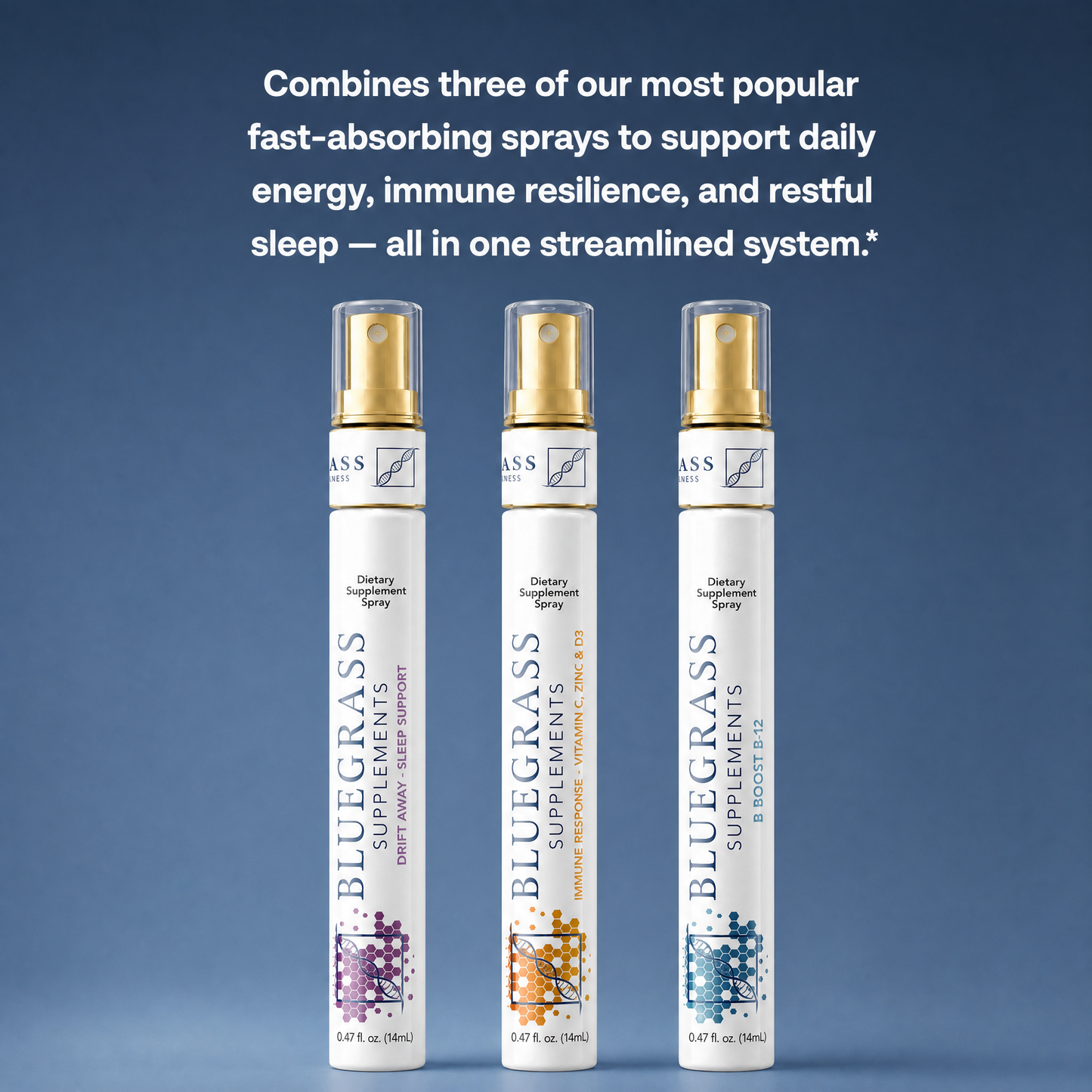 Three Bluegrass Supplements wellness sprays with text describing support for energy, immune health, and restful sleep on a blue background