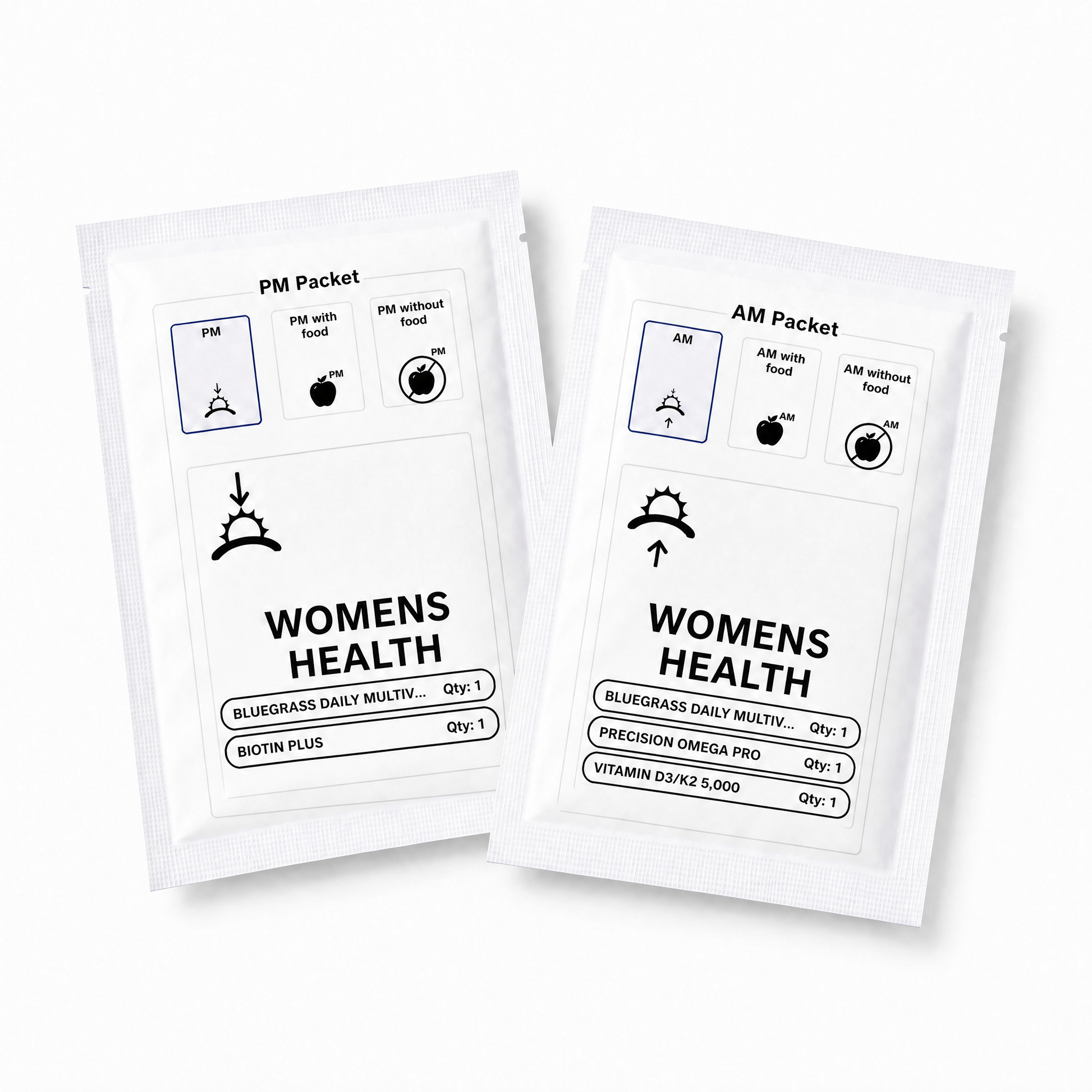 Two white packets labeled 'Womens Health' with black text and icons on a white background.