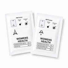 Two white packets labeled 'Womens Health' with black text and icons on a white background.
