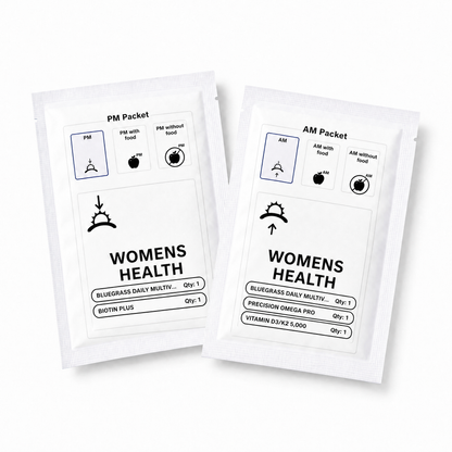 Two white packets labeled 'Womens Health' with black text and icons on a white background.