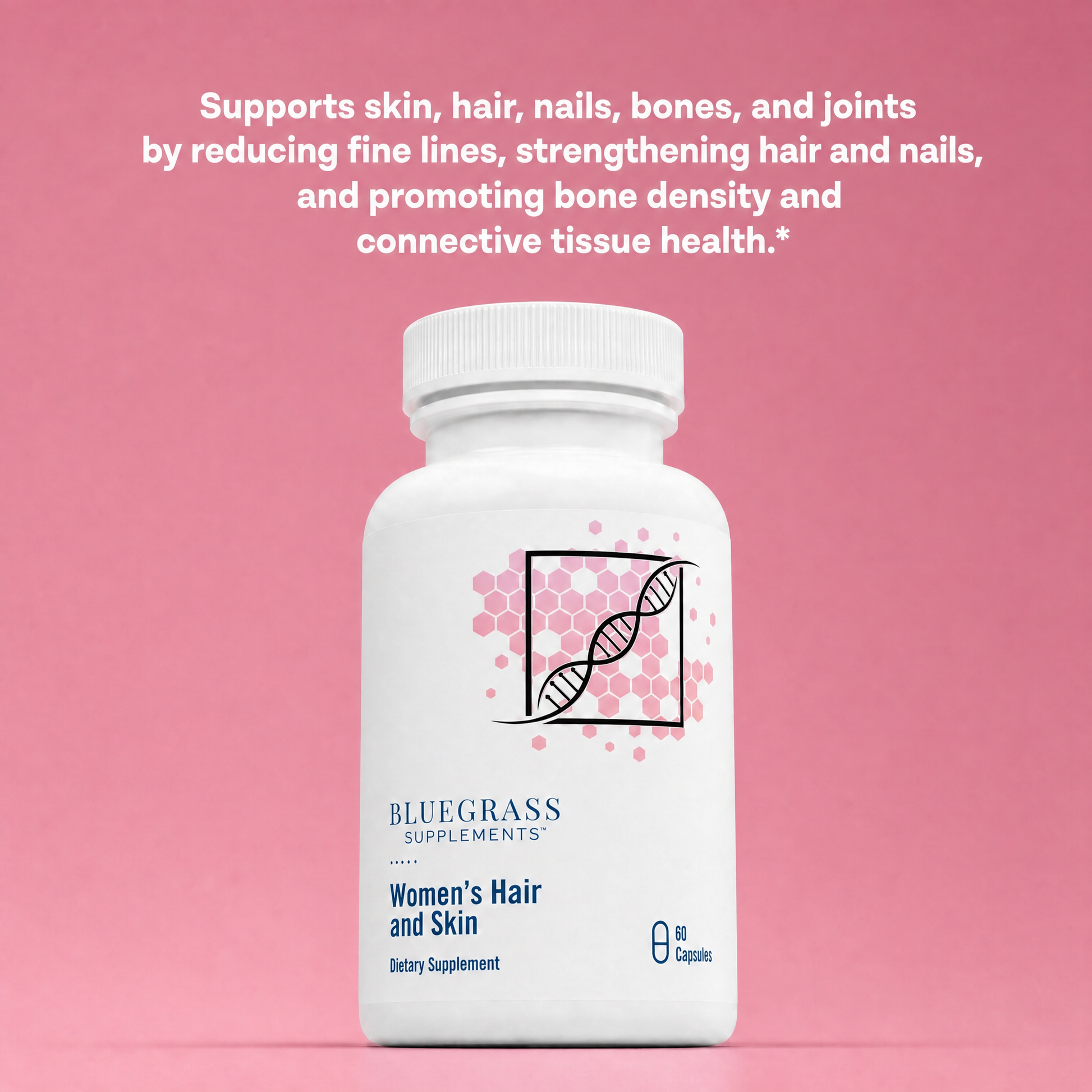 White supplement bottle labeled 'Bluegrass Supplements' on a pink background with text about product benefits.