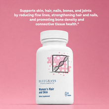 White supplement bottle labeled 'Bluegrass Supplements' on a pink background with text about product benefits.