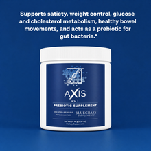 Axis Gut prebiotic supplement container with text on a blue background