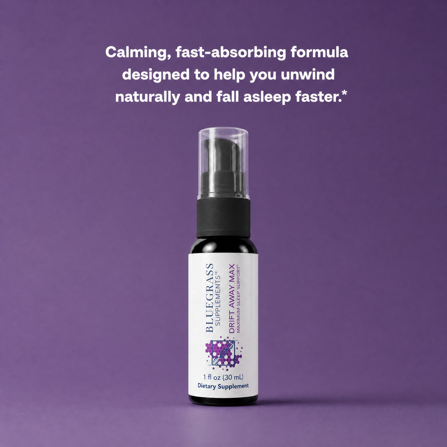 Bottle of Bluegrass Supplements on a purple background with text about a calming formula.