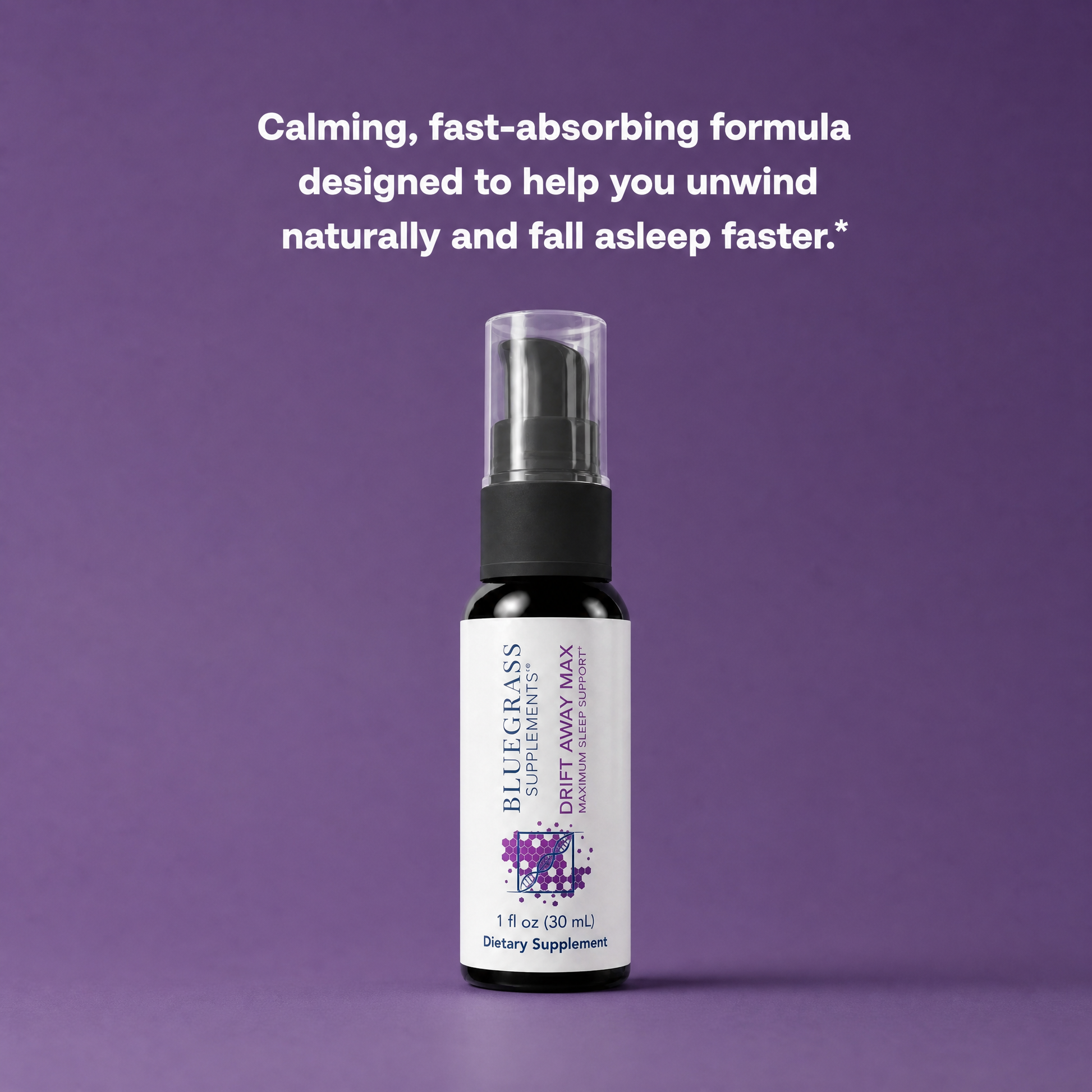 Bottle of Bluegrass Supplements on a purple background with text about a calming formula.