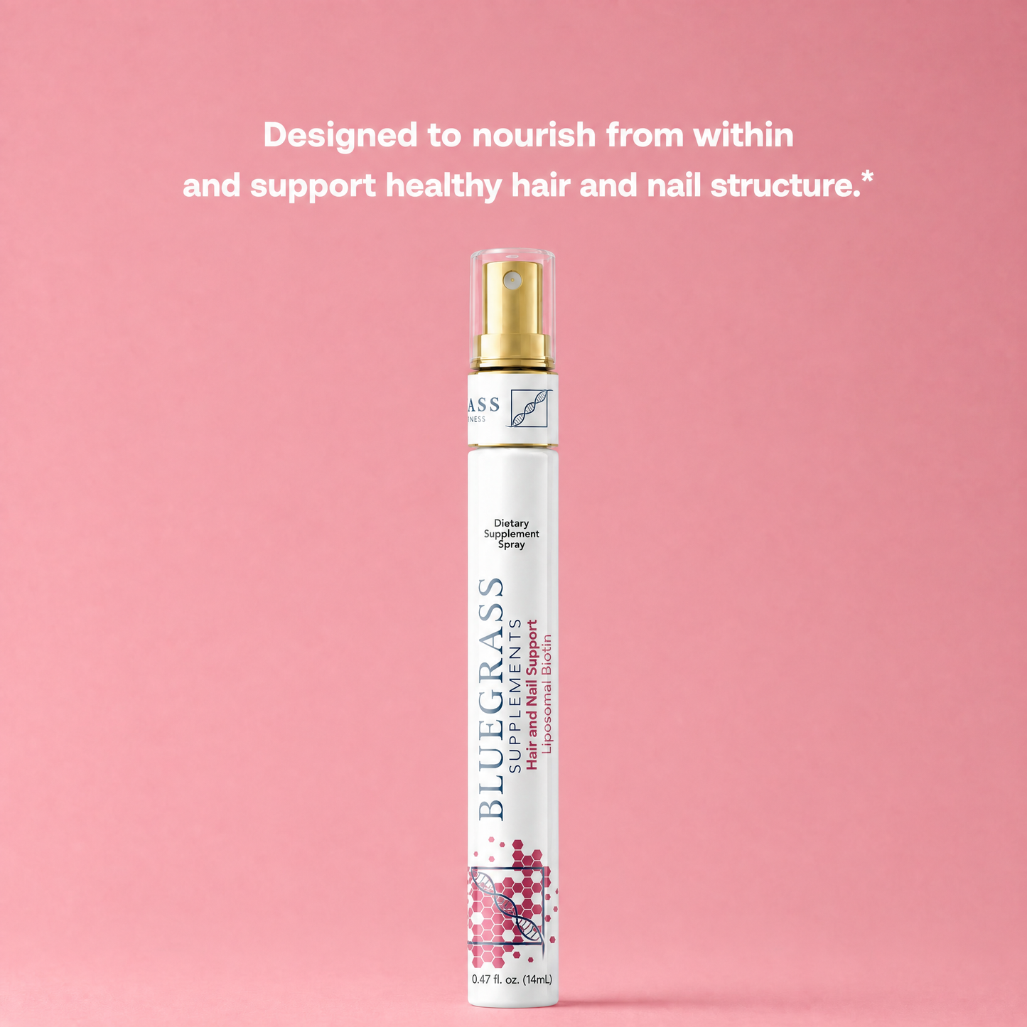 Bluegrass hair and nail spray bottle on a pink background with text about nourishing hair and nails.
