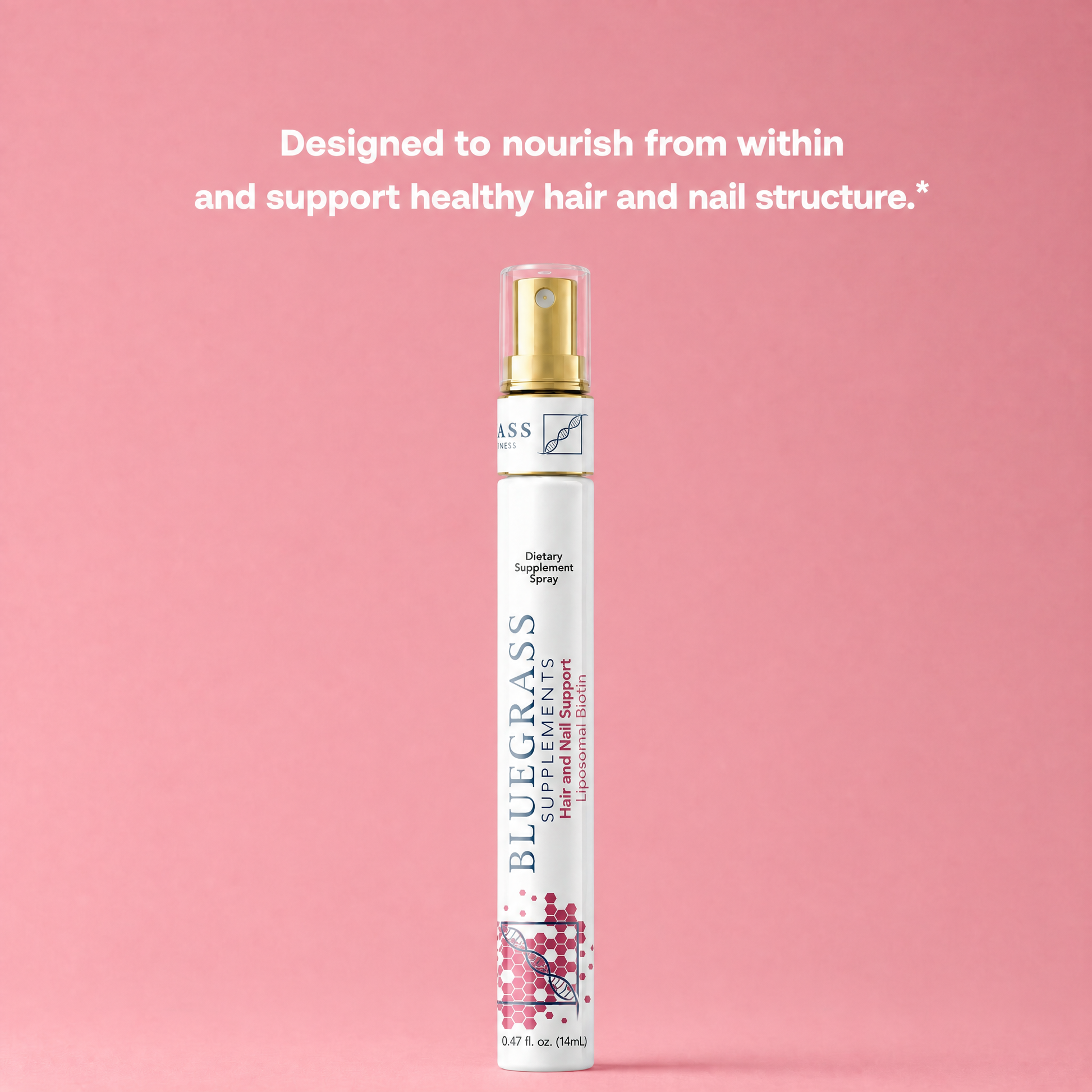 Bluegrass hair and nail spray bottle on a pink background with text about nourishing hair and nails.