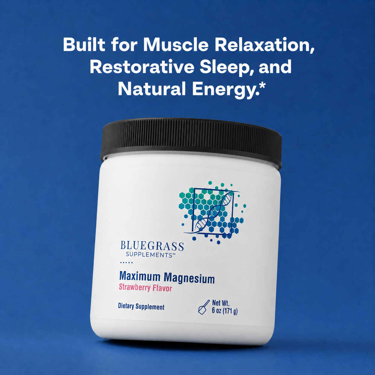 White supplement container with black lid on a blue background, featuring Bluegrass Supplements branding.