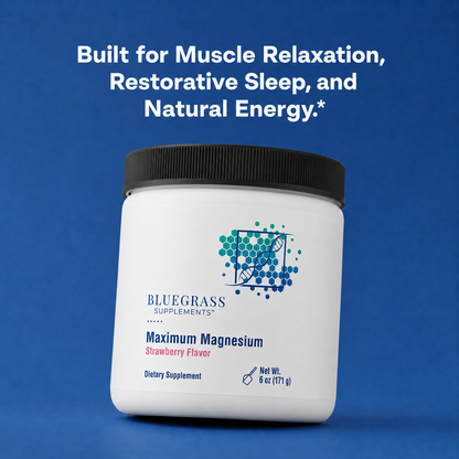 White supplement container with black lid on a blue background, featuring Bluegrass Supplements branding.