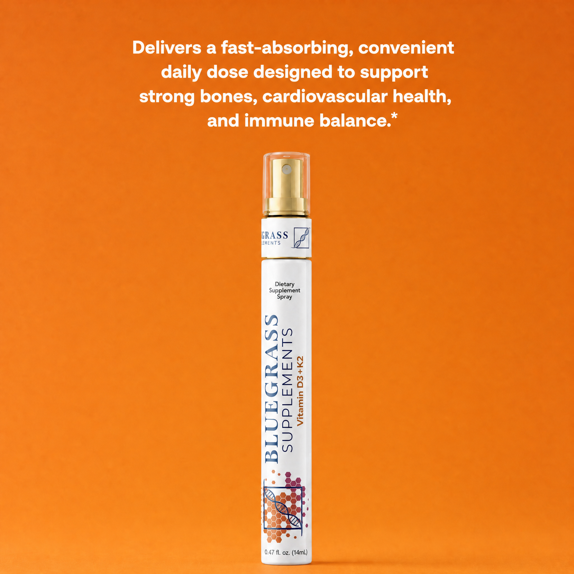 Bluegrass Supplements bottle on an orange background with text about supplement benefits.