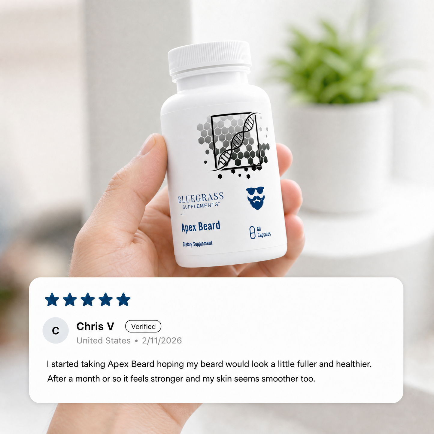 Hand holding a supplement bottle labeled 'Bluegrass Supplements Apex Beard' with a five-star review below.