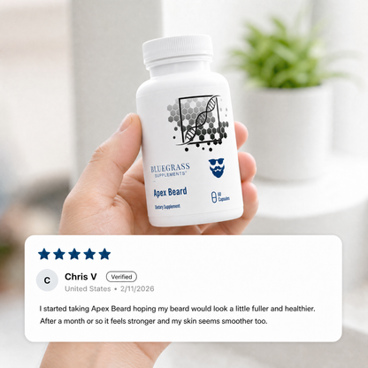 Hand holding a supplement bottle labeled 'Bluegrass Supplements Apex Beard' with a five-star review below.