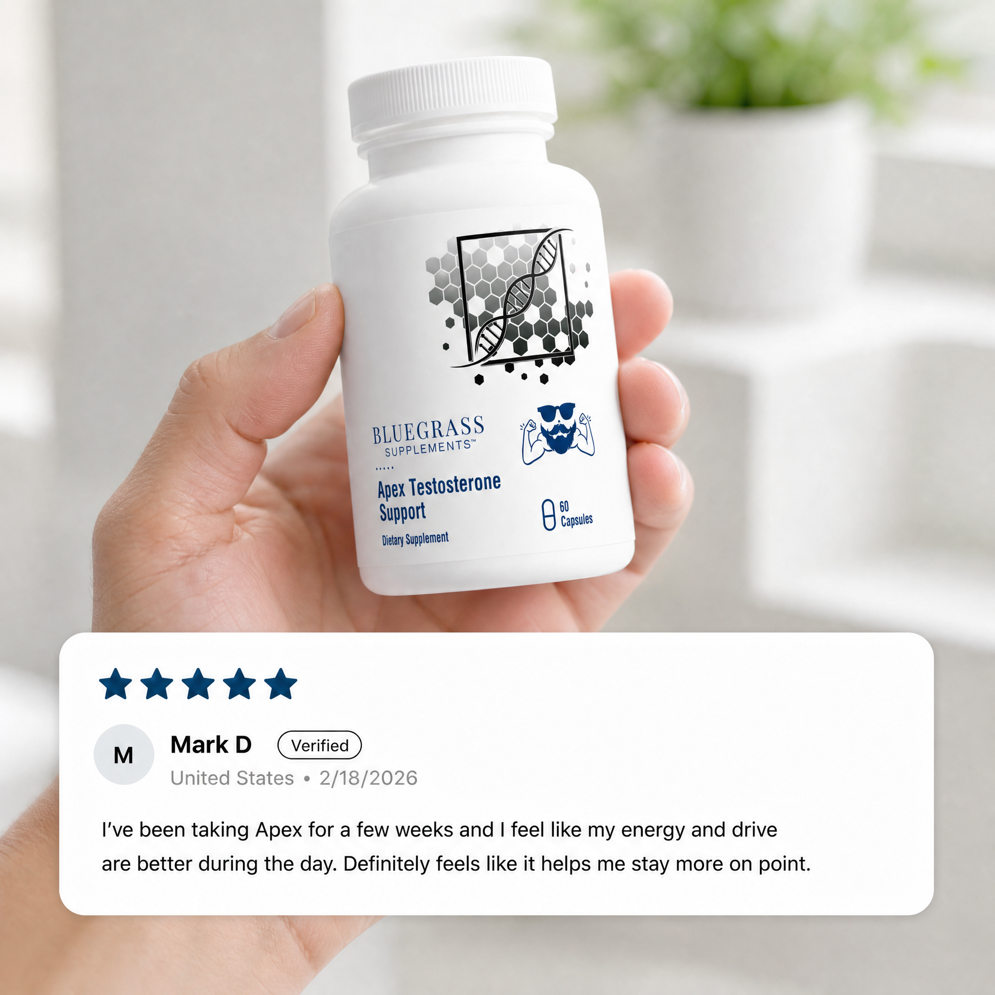Hand holding a supplement bottle with a 5-star review displayed below.