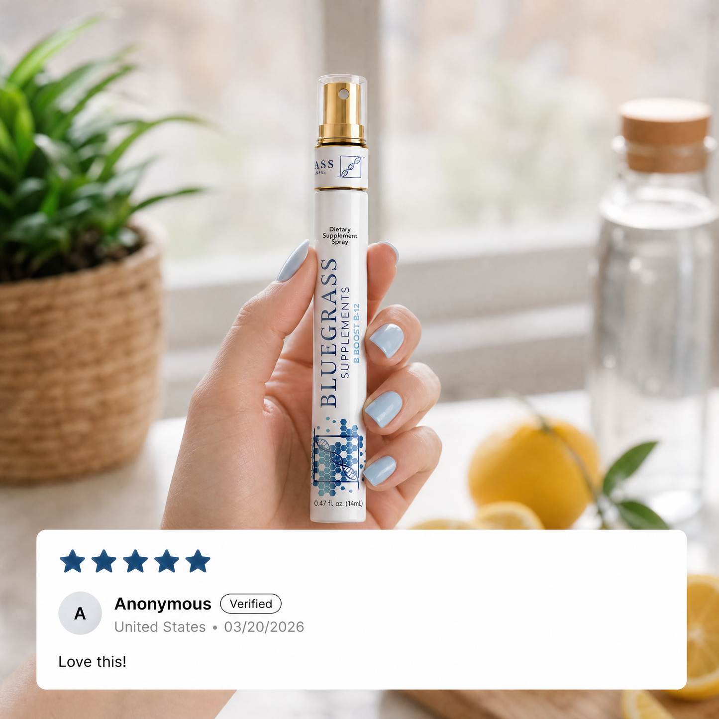 Hand holding a Bluegrass Supplements bottle with a five-star rating overlay