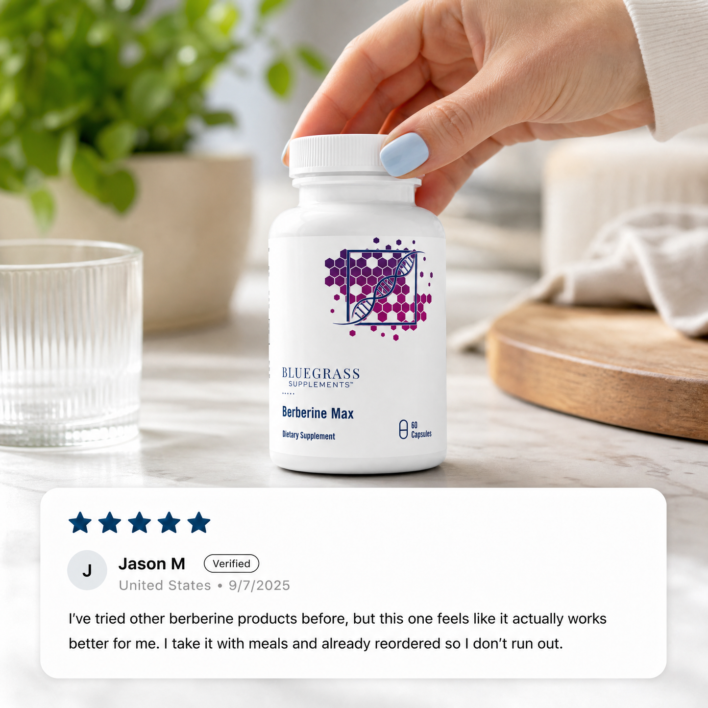 Hand holding a supplement bottle with a 5-star rating review displayed below.