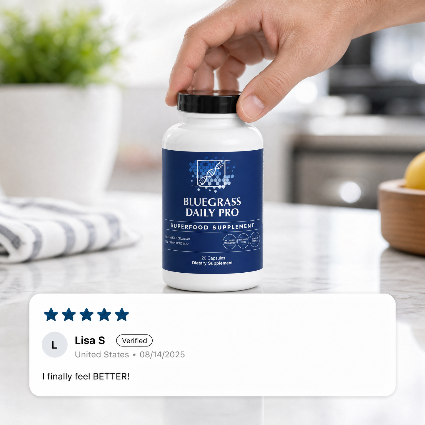 Supplement bottle labeled 'Bluegrass Daily Pro' on a kitchen counter with a five-star review from Lisa S.
