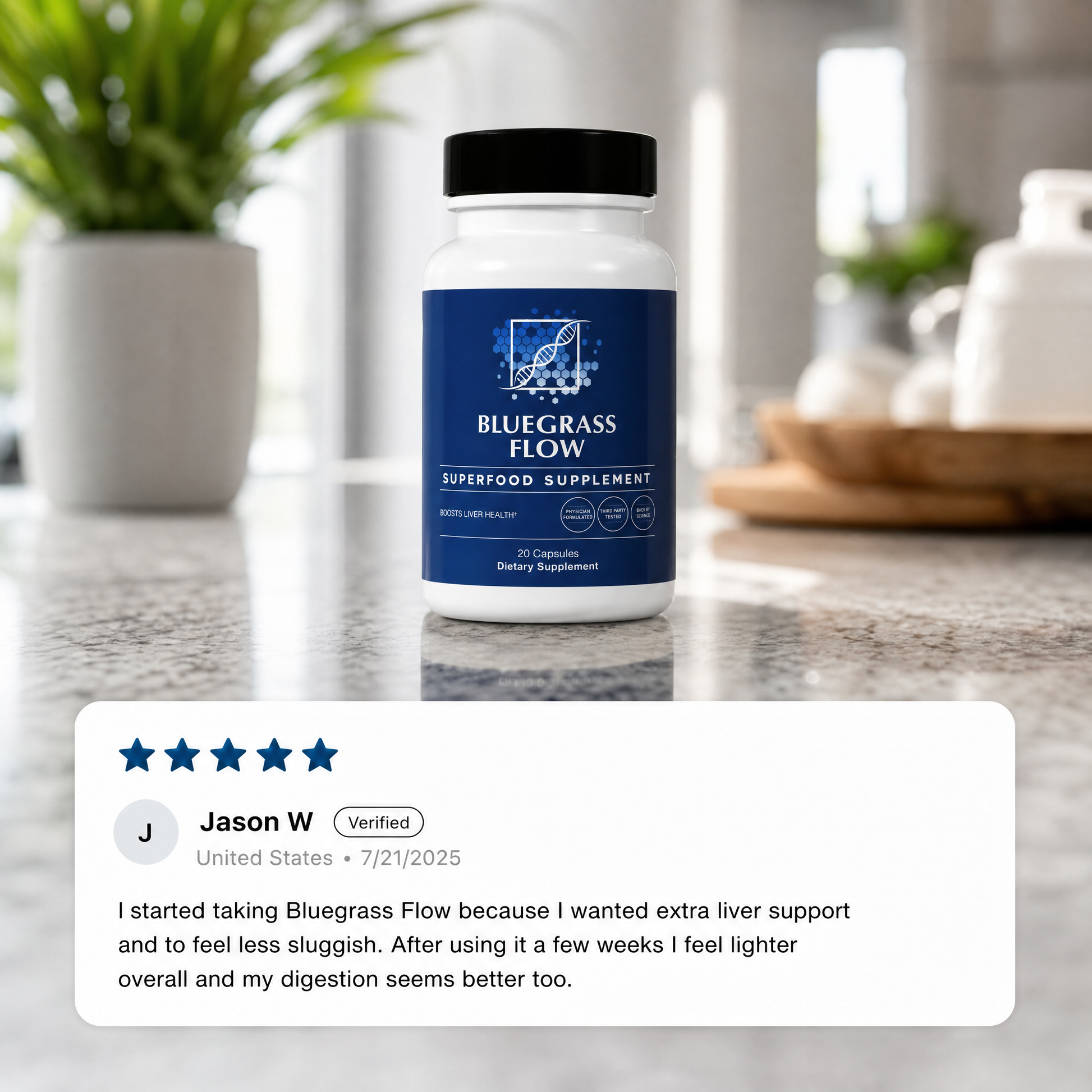 Bluegrass Flow supplement bottle on a kitchen counter with a five-star review from Jason W.