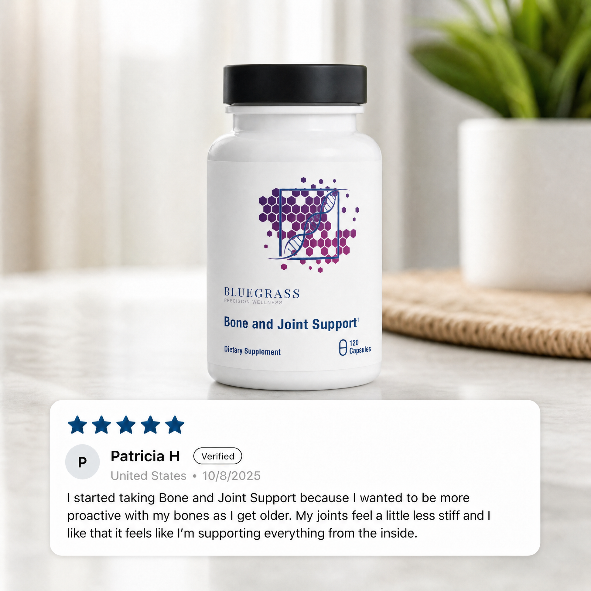 White supplement bottle labeled 'Bluegrass' on a light surface with a blurred background