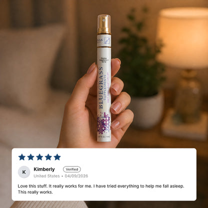 Hand holding a Bluegrass product with a five-star review displayed below.