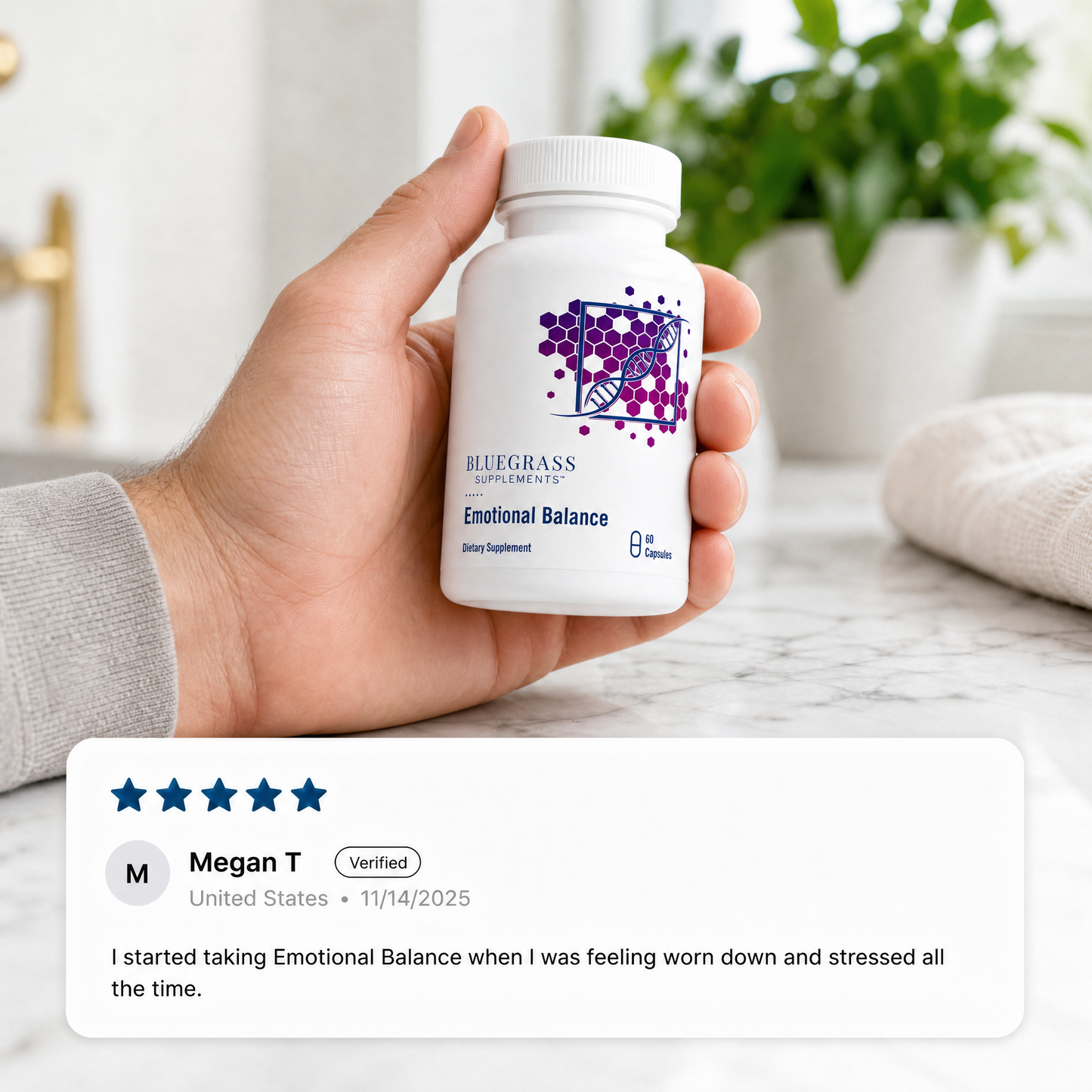 Hand holding a bottle labeled 'Emotional Balance' with a product review overlay.