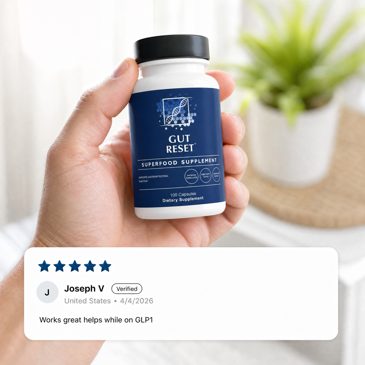 Hand holding a supplement bottle labeled 'Gut Reset' with a five-star review displayed.