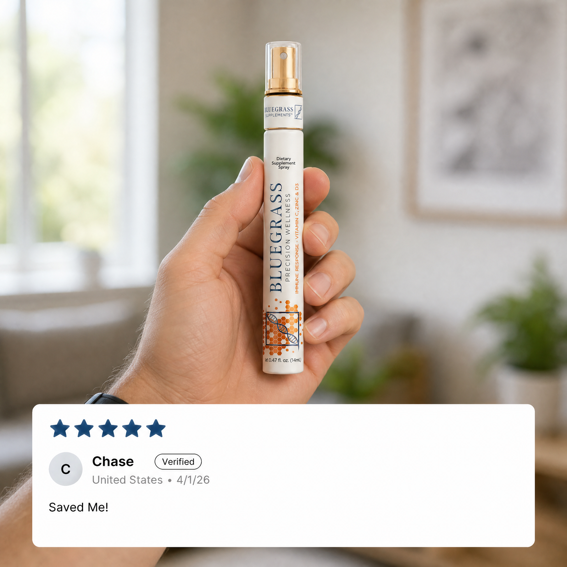 Hand holding a Bluegrass Wellness product with a blurred indoor background