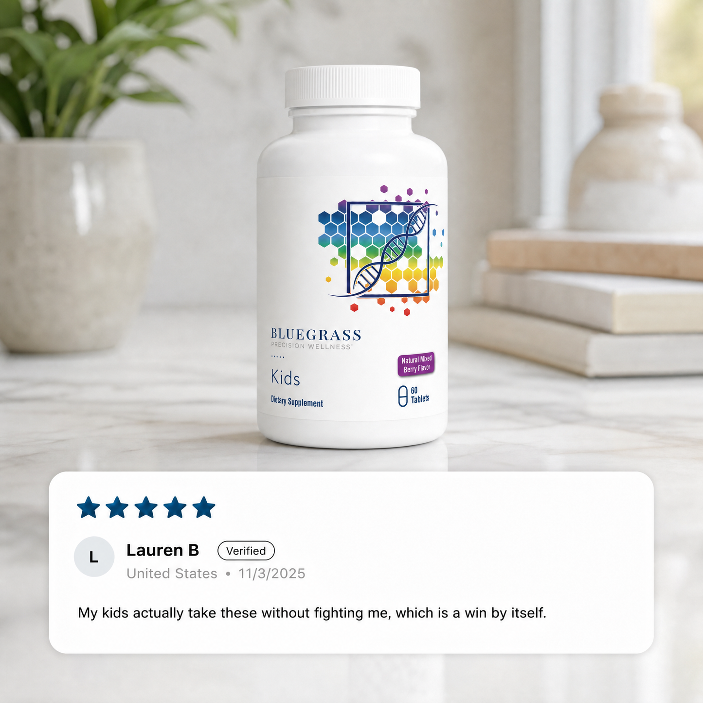 Supplement bottle with colorful label on a surface, featuring a five-star review.