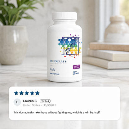 Supplement bottle with colorful label on a surface, featuring a five-star review.