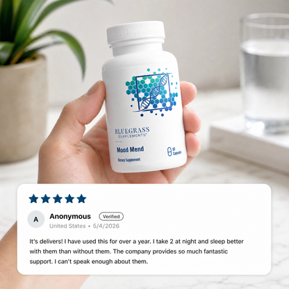 Hand holding a bottle of Bluegrass Supplements Mood Mend with a product review overlay.
