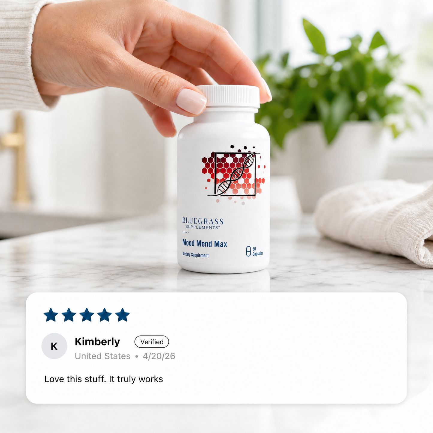Hand holding a supplement bottle with a Five Star Review on a blurred background