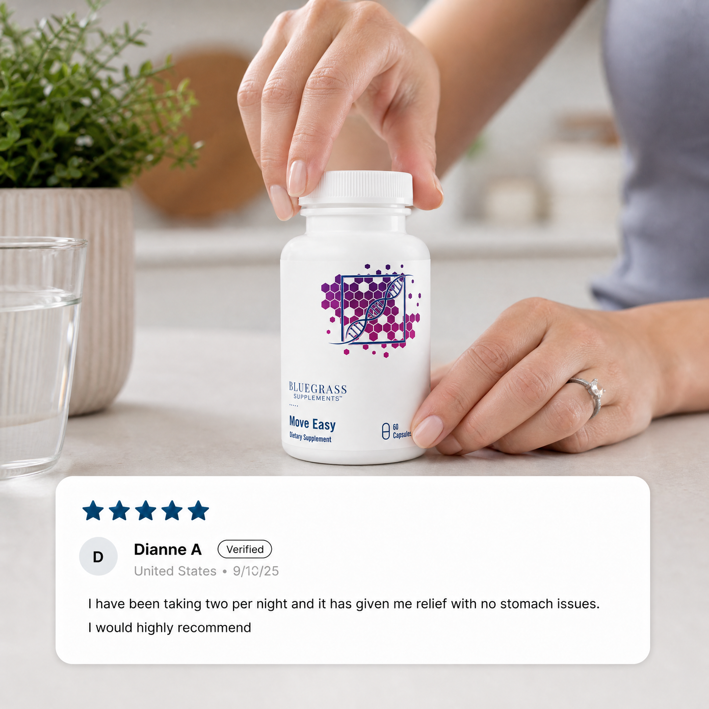 Person holding a supplement bottle with a five-star review displayed below.