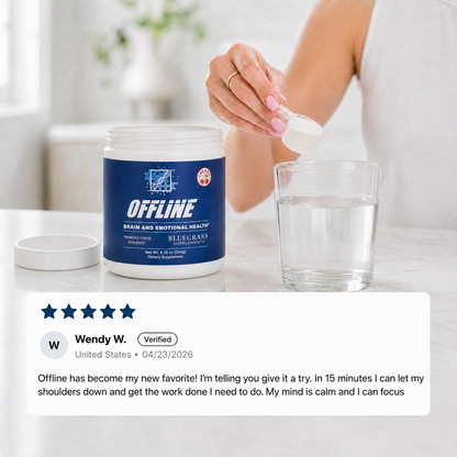 Person pouring a supplement into a glass with 'Offline' product packaging in the background.